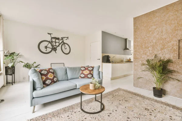 Interior Sala Estar Com Sofá Confortável Contra Janelas Apartamento Contemporâneo — Fotografia de Stock
