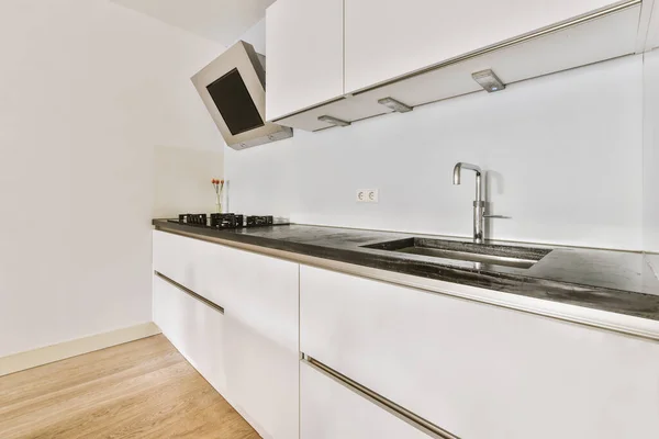 Fragment Interior Light Narrow Home Kitchen Minimalist Style White Furniture — Stock Photo, Image