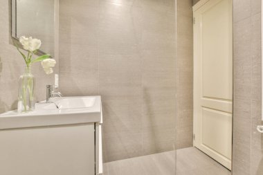 Lavabo ve aynalı dolap kapının yanındaki fayanslı duvara ve modern tuvaletteki kurutma tezgahına bağlı.