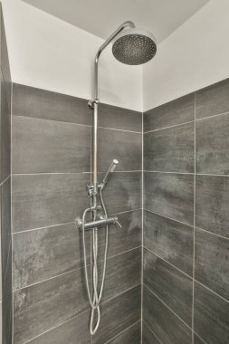 Duş muslukları cam bölmenin yanındaki fayanslı duvara bağlı ve evdeki tuvaletteki süs pervazı.