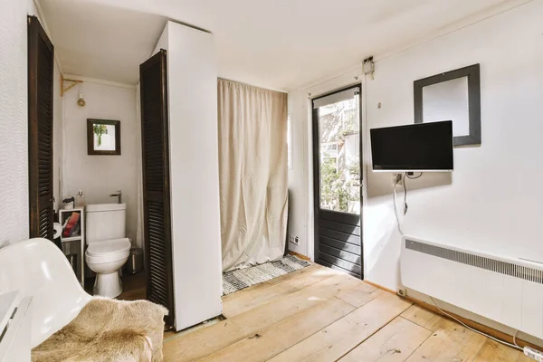 Modern Flush Toilet Shower Box White Tiled Walls Mirror Towel — стоковое фото