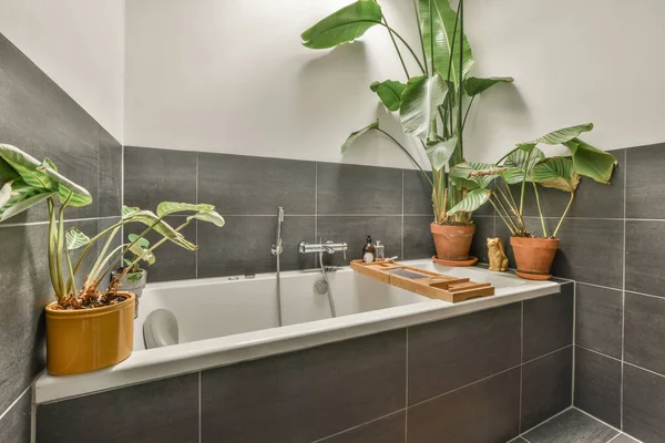 Bílá Vana Kovovým Kohoutkem Moderní Koupelně Minimálním Stylu Apartmánu — Stock fotografie