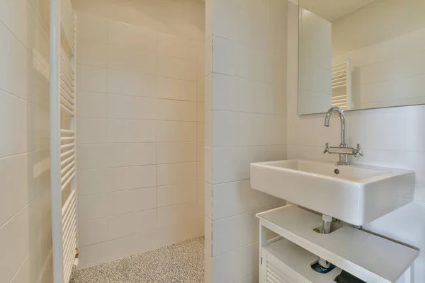 Modern Shower Column Expensive Open Bathroom Gray Tiled Wall Window — Fotografia de Stock