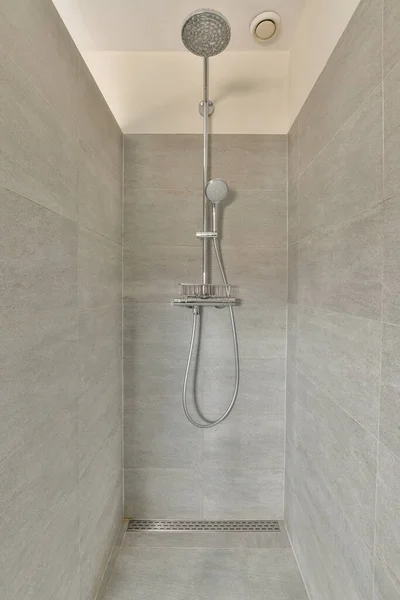 Modern Shower Column Expensive Open Bathroom Gray Tiled Wall Window — Stok fotoğraf