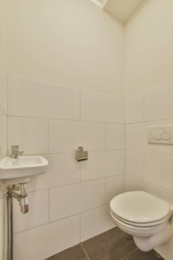 Lavabolu ve duvarlı, beyaz duvarlı ve kareli tuvaletli dar bir tuvalet.