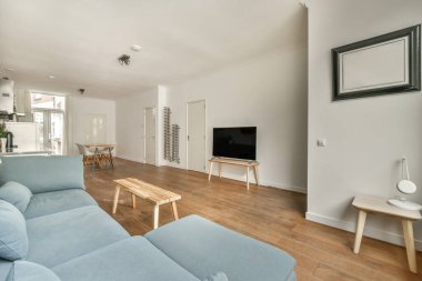 Yastıkları olan rahat bir kanepe. Duvara yaslanmış TV ve dekorasyonlar modern sevgi odasında.