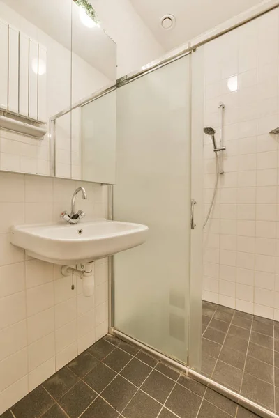 Sinks Mirrors Shower Box Glass Door Modern Bathroom White Tiled — ストック写真