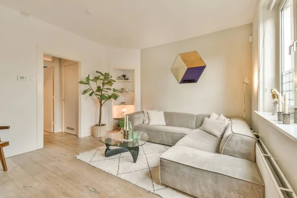 Innenausstattung Des Wohnzimmers Mit Bequemem Sofa Und Fernseher Gegen Fenster — Stockfoto