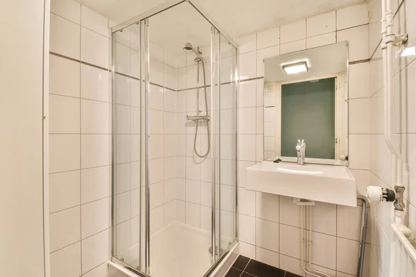 Sinks Mirrors Shower Box Glass Door Modern Bathroom White Tiled — ストック写真