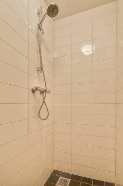 Duş muslukları cam bölmenin yanındaki fayanslı duvara bağlı ve evdeki tuvaletteki süs pervazı.