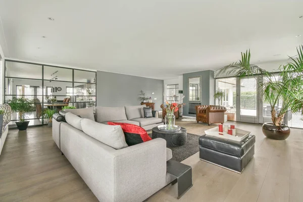 Square table placed on mat near couch and TV in stylish living room of contemporary apartment