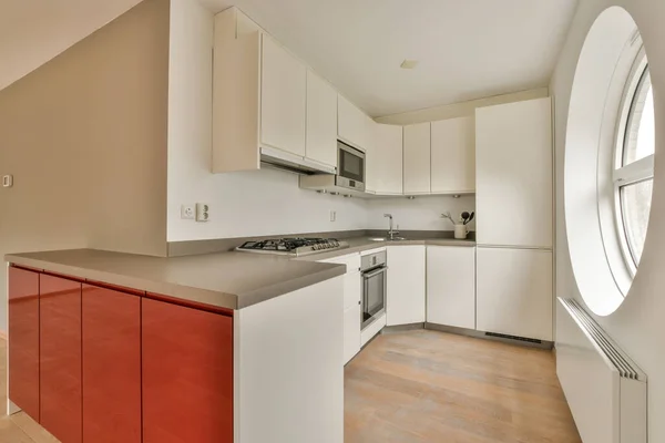 Interior Empty White Kitchen Windows Wooden Parquet Floor — Stock Fotó