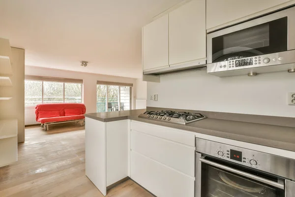 Interior Empty White Kitchen Windows Wooden Parquet Floor — Stock Fotó