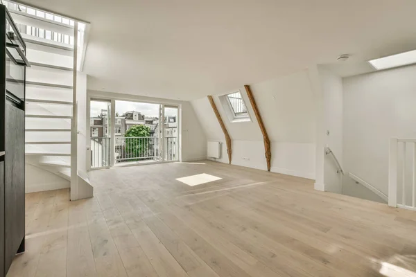 Interior Empty White Kitchen Windows Wooden Parquet Floor — Photo