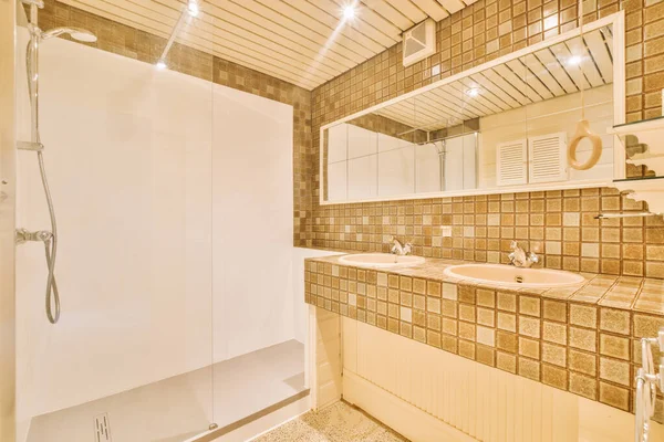 Wnętrze Nowoczesnej Łazienki Prysznicem Umywalką Minimalnym Stylu Mieszkaniu — Zdjęcie stockowe