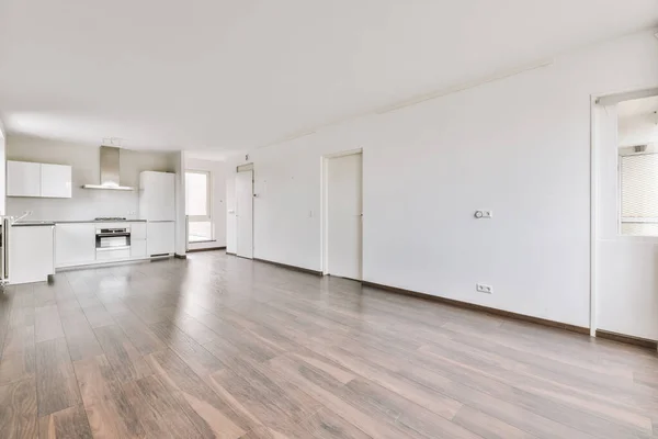 Interior Empty White Kitchen Windows Wooden Parquet Floor — стоковое фото