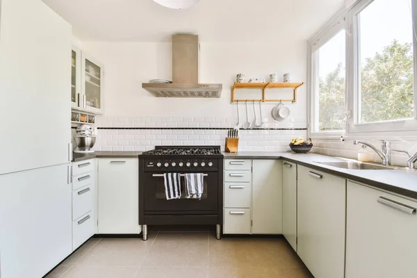 Fragment Interior Light Narrow Home Kitchen Minimalist Style White Furniture — Stock Photo, Image