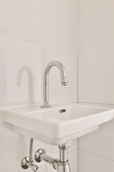 Sink Tap Liquid Soap Hanging Tiled Wall Contemporary Restroom Home — Foto de Stock