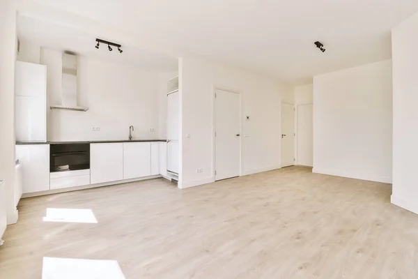 Interior Empty White Kitchen Windows Wooden Parquet Floor — стоковое фото