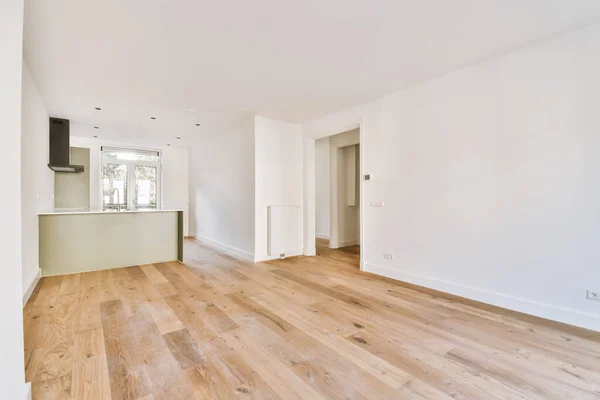 Interior Empty White Kitchen Windows Wooden Parquet Floor — Zdjęcie stockowe