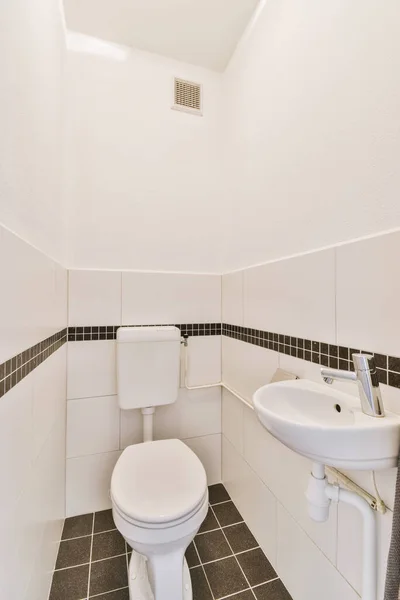Bathroom White Tiled Walls Open Shower Sink Toilet Light — ストック写真