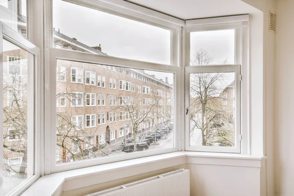 Panoramic View Old Brick Buildings Parking Trees Small Balcony — Fotografia de Stock