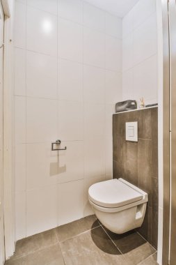 Çağdaş dairenin küçük fayanslı banyosunda lavabo ve duş arasında bulunan sifon tuvaleti