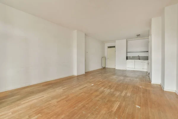 Interior Empty White Kitchen Windows Wooden Parquet Floor —  Fotos de Stock