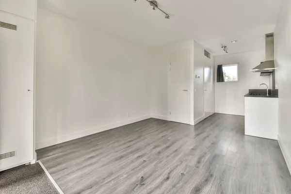 Interior Empty White Kitchen Corridor Wooden Parquet Floor — Stok fotoğraf