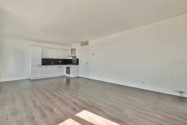 Interior Empty White Kitchen Windows Wooden Parquet Floor — Stok fotoğraf