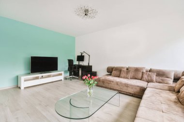 Yastıkları olan rahat bir kanepe. Duvara yaslanmış TV ve dekorasyonlar modern sevgi odasında.