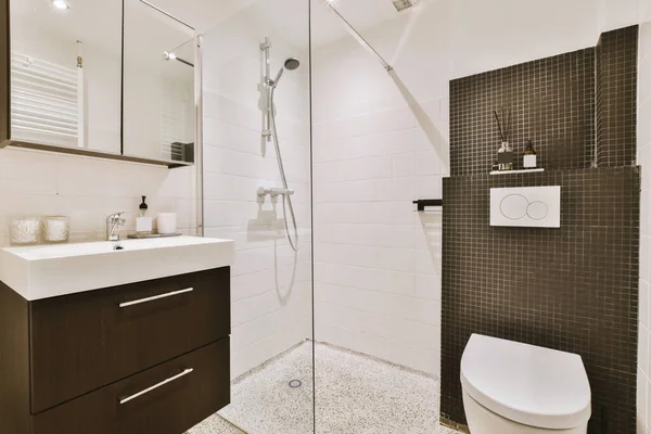 Sinks Mirrors Toilet Shower Box Glass Door Modern Bathroom White — Foto de Stock