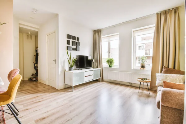 Interior Design Modern Minimalist Style Living Room Large Windows Wooden — Stock Photo, Image