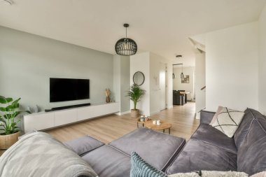 Comfortable sofas and wooden table placed near potted plants against window in living room of modern apartment with television