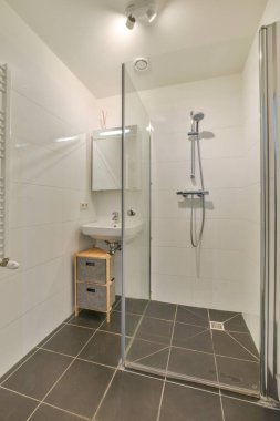 Açık banyo küveti ve duşu olan modern ev iç tasarımı. Tuvaletten bölme duvarıyla ayrılmış.