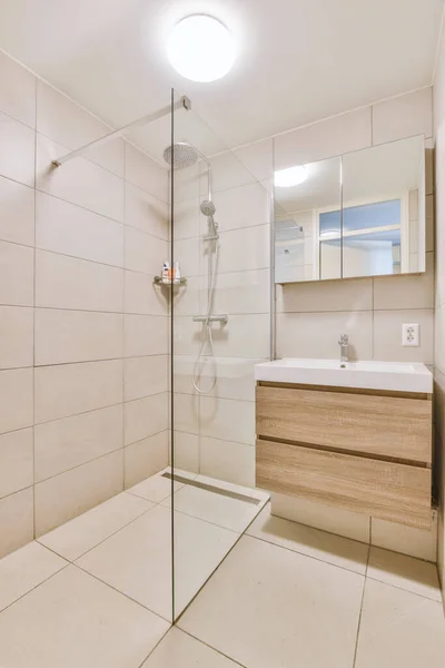 Sinks Mirrors Shower Box Glass Door Modern Bathroom White Tiled — Foto Stock