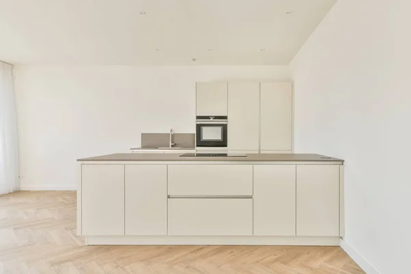 Interior Empty White Kitchen Windows Wooden Parquet Floor — Stockfoto