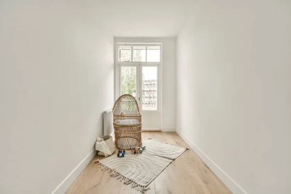 Interior White Room Baby Crib Armchair Window Blue Chest Drawers — Stock Photo, Image