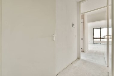 Light narrow hallway with many doors in white walls over lumber floor