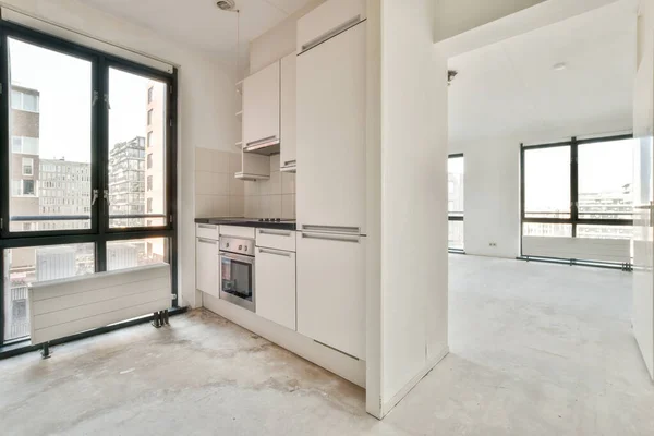 Interior Empty White Kitchen Windows Wooden Parquet Floor — стоковое фото