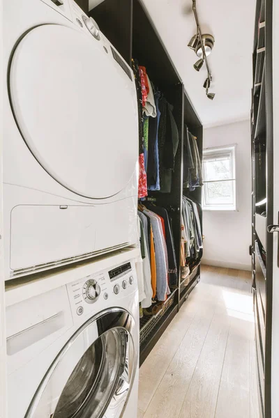 Interior Modern Bright Laundry Room White Walls Floor — Foto Stock