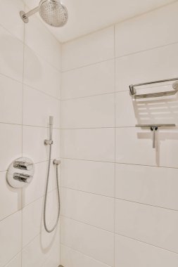 Duş muslukları cam bölmenin yanındaki fayanslı duvara bağlı ve evdeki tuvaletteki süs pervazı.