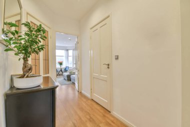 Işık dar koridor, beyaz duvarlarda birçok kapı ve kereste zemininde parlayan lamba