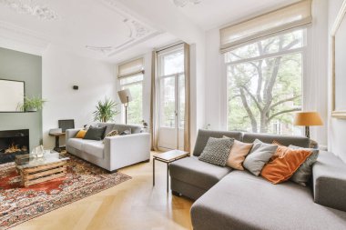 Çağdaş dairenin pencerelerine karşı rahat kanepesi ve televizyonu olan oturma odası.