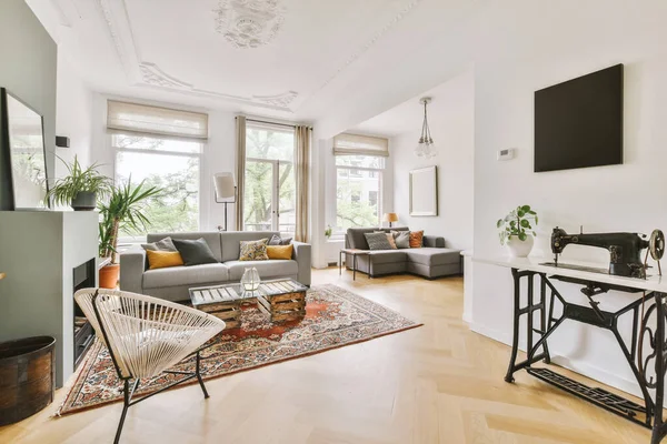 Çağdaş dairenin pencerelerine karşı rahat kanepesi ve televizyonu olan oturma odası.