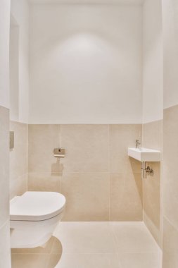 Lavabolu ve duvarlı, beyaz duvarlı ve kareli tuvaletli dar bir tuvalet.