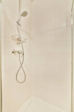 Interior of contemporary bathroom with shower and sink in minimal style flat