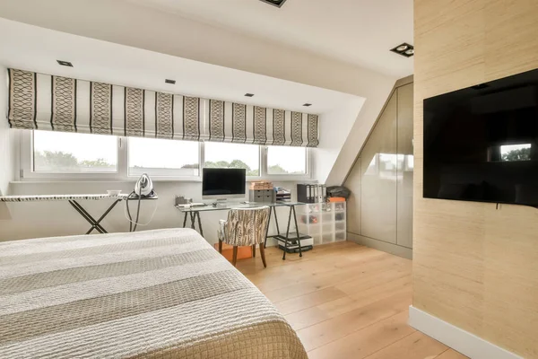 Comfortable Bed Furniture Modern Minimalist Style Mansard Bedroom Panoramic Windows — Stockfoto