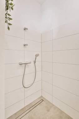 Duş muslukları cam bölmenin yanındaki fayanslı duvara bağlı ve evdeki tuvaletteki süs pervazı.