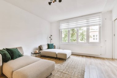 Interior design of modern minimalist style living room with large windows and wooden couch and cabinet